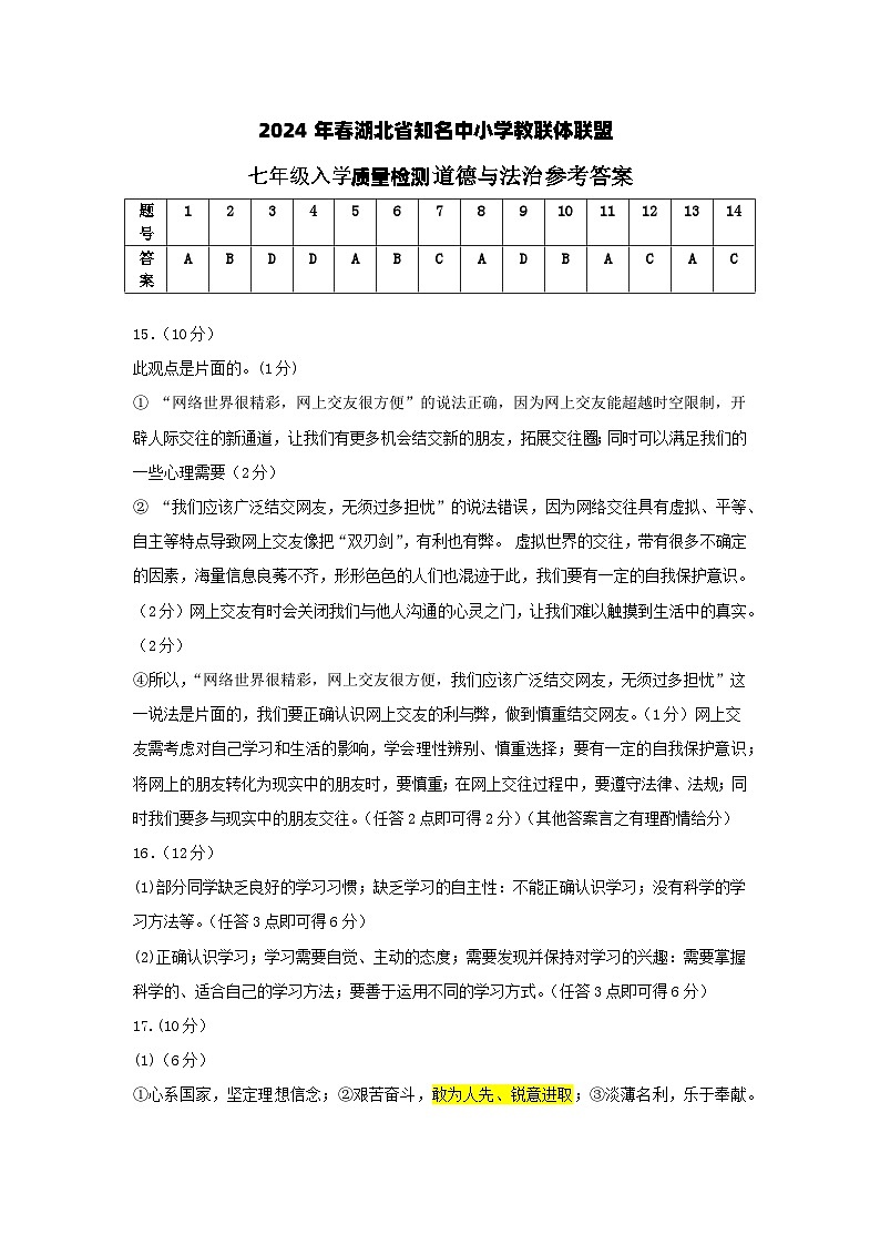 湖北省黄冈市浠水县部分学校 2023-2024学年七年级下学期开学质量检测道德与法治试题01