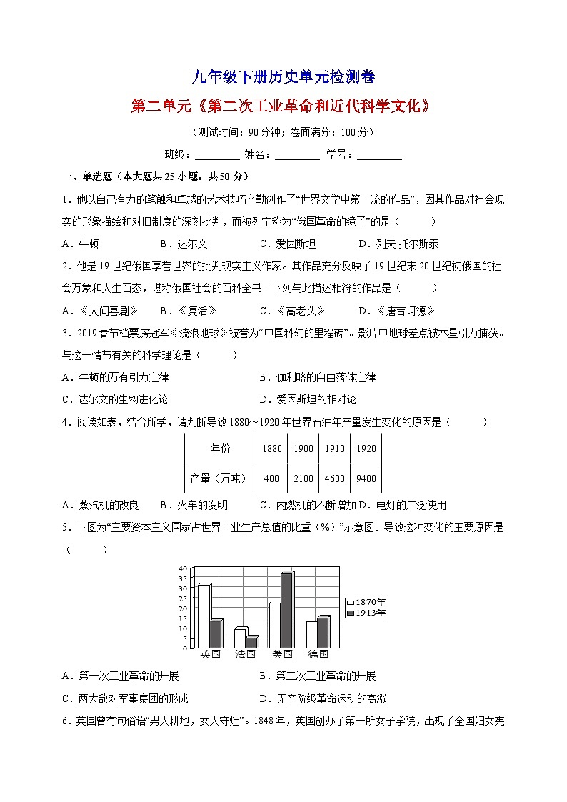 人教部编统编版九年级下册历史第二单元《第二次工业革命和近代科学文化》检测卷（含答案解析）第1页