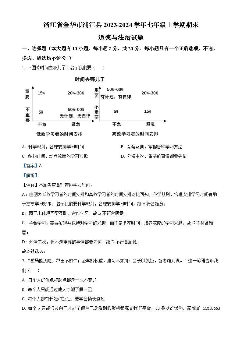 浙江省金华市浦江县2023-2024学年七年级上学期期末道德与法治试题01