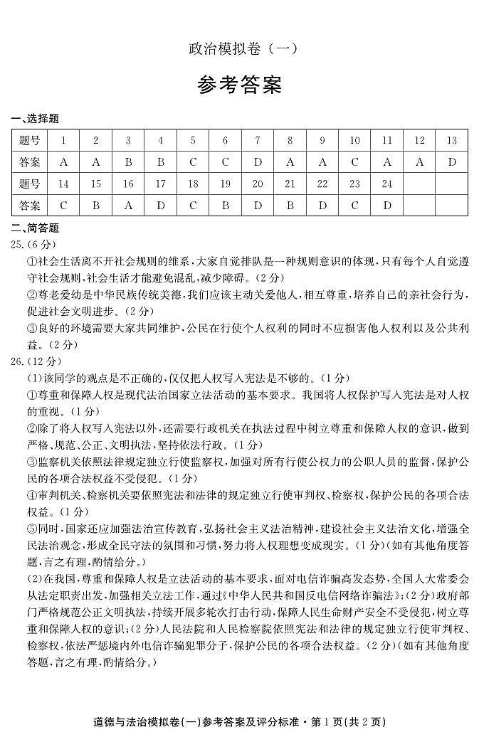 57，2024年云南省昆明市第八中学中考模拟考试道德与法治试卷(1)第1页