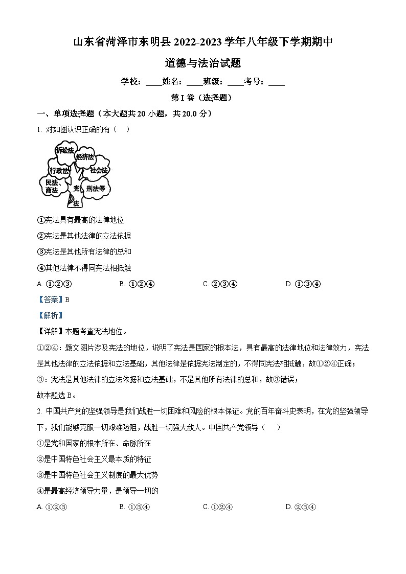 精品解析：山东省菏泽市东明县2022-2023学年八年级下学期期中道德与法治试题（解析版）第1页