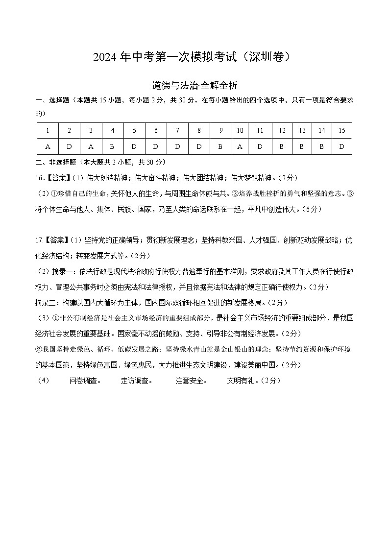 2024年初三中考第一次模拟考试试题：道德与法治（深圳卷）（参考答案及评分标准）第1页