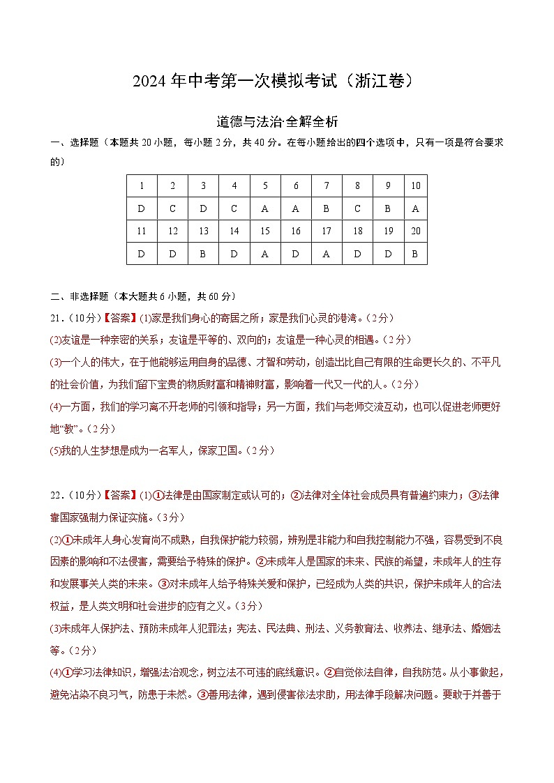 2024年初三中考第一次模拟考试试题：道德与法治（浙江卷）（参考答案及评分标准）第1页