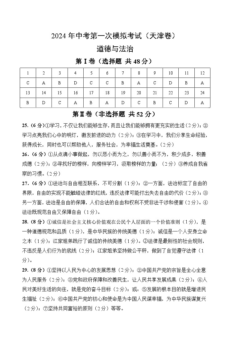 2024年初三中考第一次模拟考试试题：道德与法治（天津卷）（参考答案及评分标准）第1页