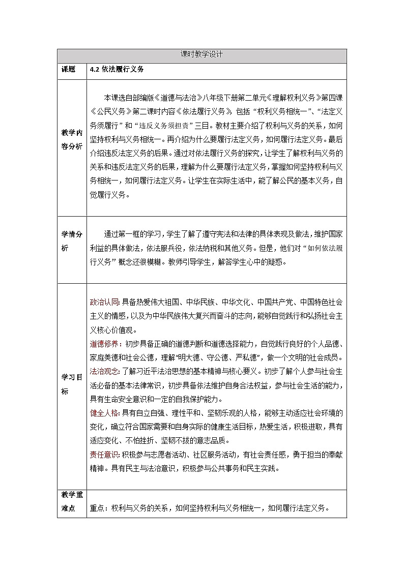 4.2依法履行义务 （教学设计）八年级 道德与法治下册（部编版）01