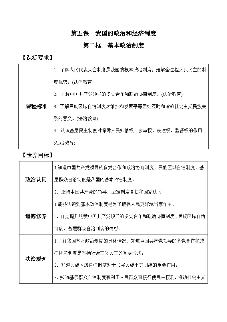 5.2 基本政治制度（教学设计）八年级 道德与法治下册（部编版）第1页