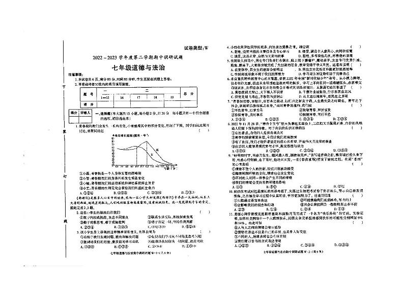 陕西省榆林市绥德中学2022-2023学年七年级下学期期中道德与法治试卷第1页