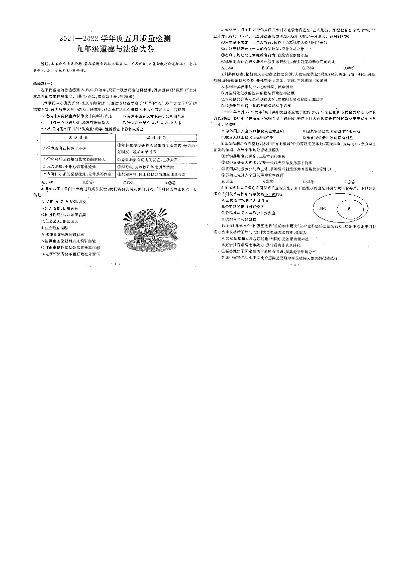 湖北省武汉市硚口区2022届中考5月质量检测九年级道德与法治试题第1页