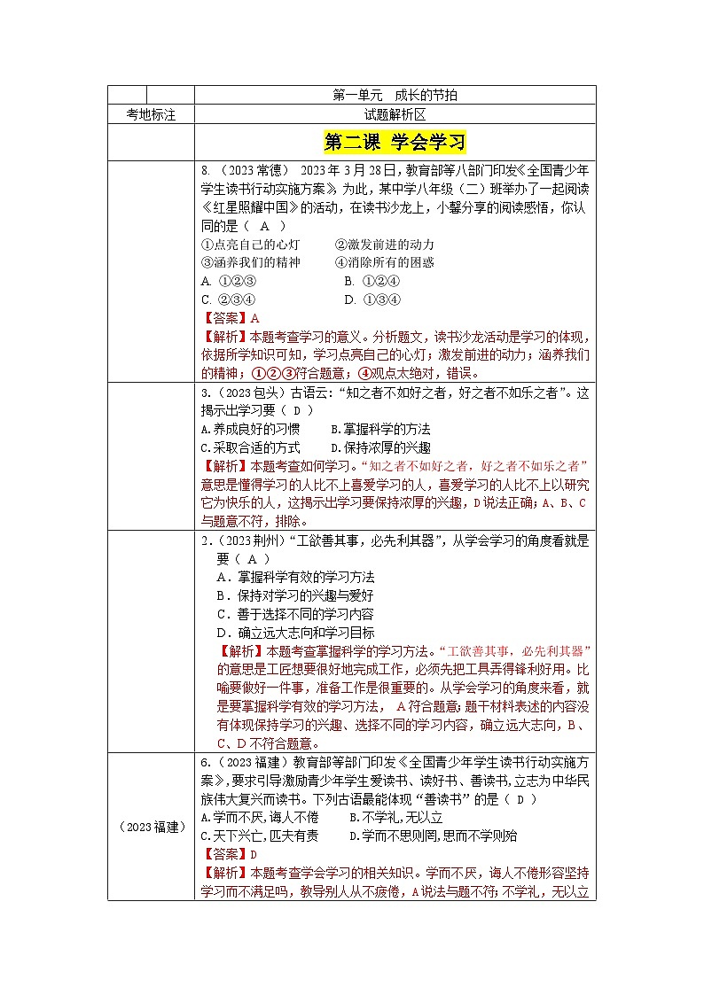 2023年中考道德与法治真题分类汇编（七年级上册）---学习新天地第1页