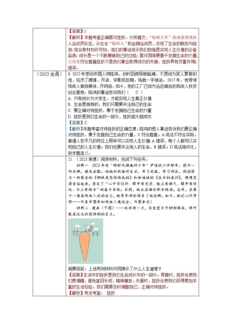 2023年中考道德与法治真题分类汇编（七年级上册）---珍视生命-战胜挫折第2页