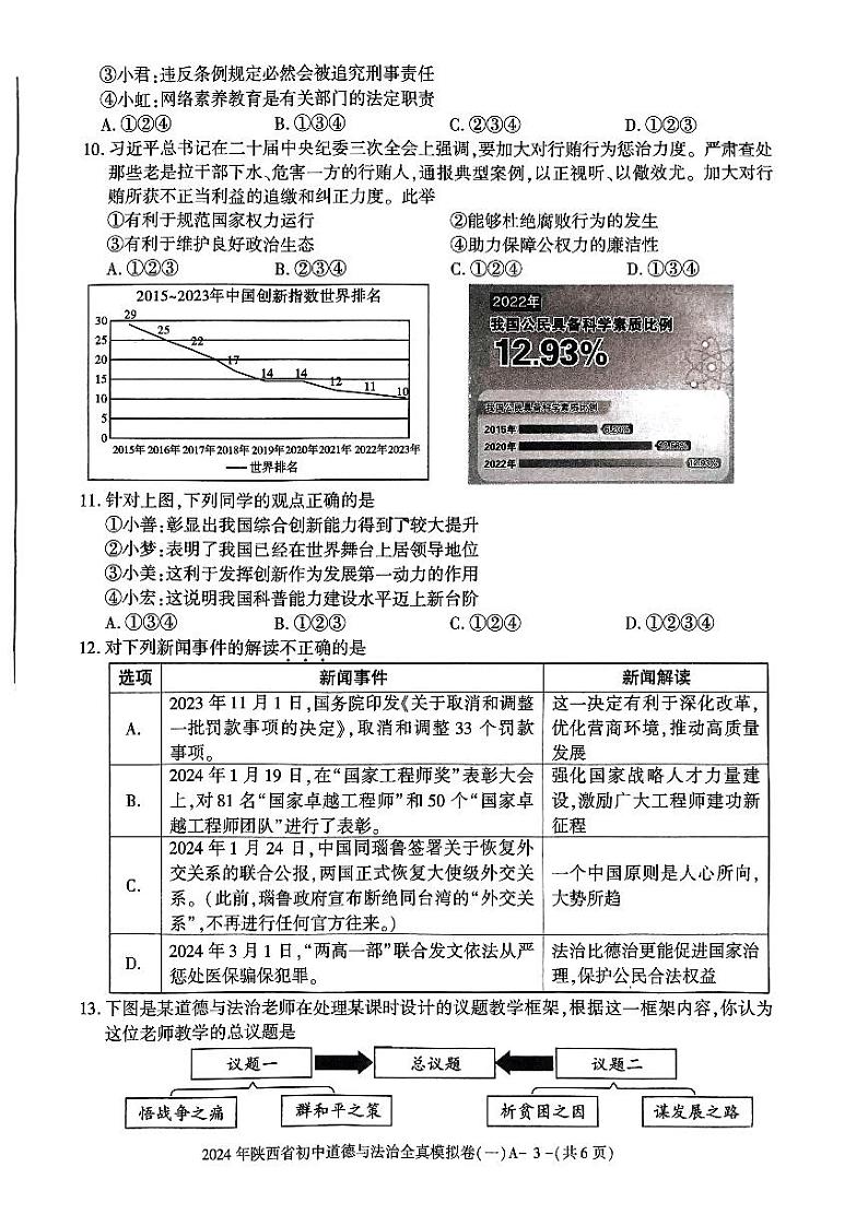 2024年陕西省咸阳市秦都区咸阳方圆学校中考模拟预测道德与法治试题第3页