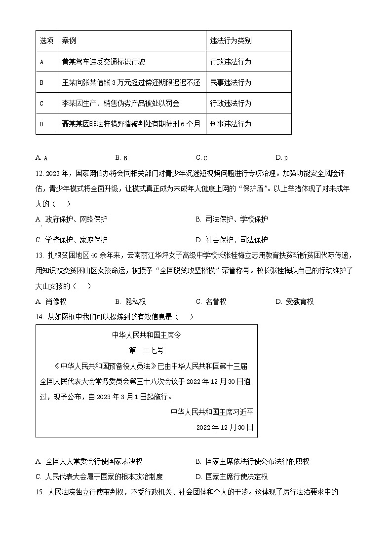 云南省曲靖市麒麟区第十中学2023-2024学年九年级下学期第一次月考道德与法治试题（原卷版+解析版）03