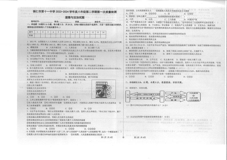 铜仁市第十一中学2024年春八年级下册第一次月考政治试卷第1页