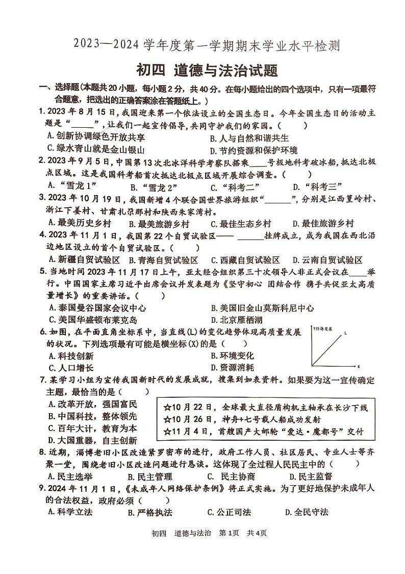 山东省淄博市张店区2023-2024学年九年级上学期1月期末道德与法治试题01