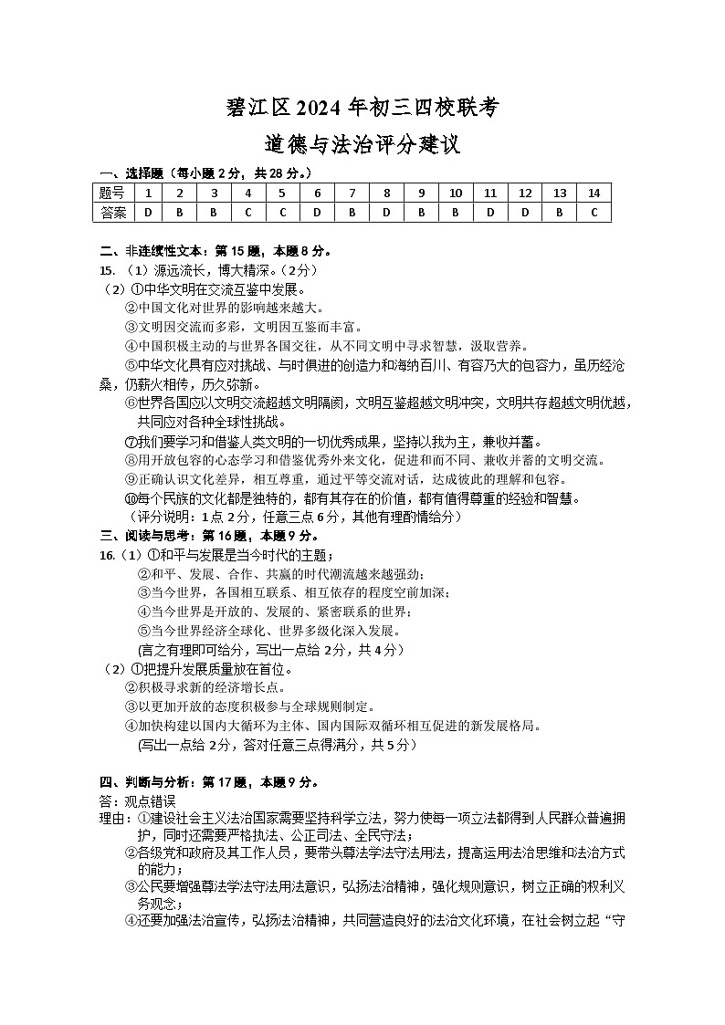 2024年贵州省铜仁市碧江区四校中考一模道德与法治试卷01
