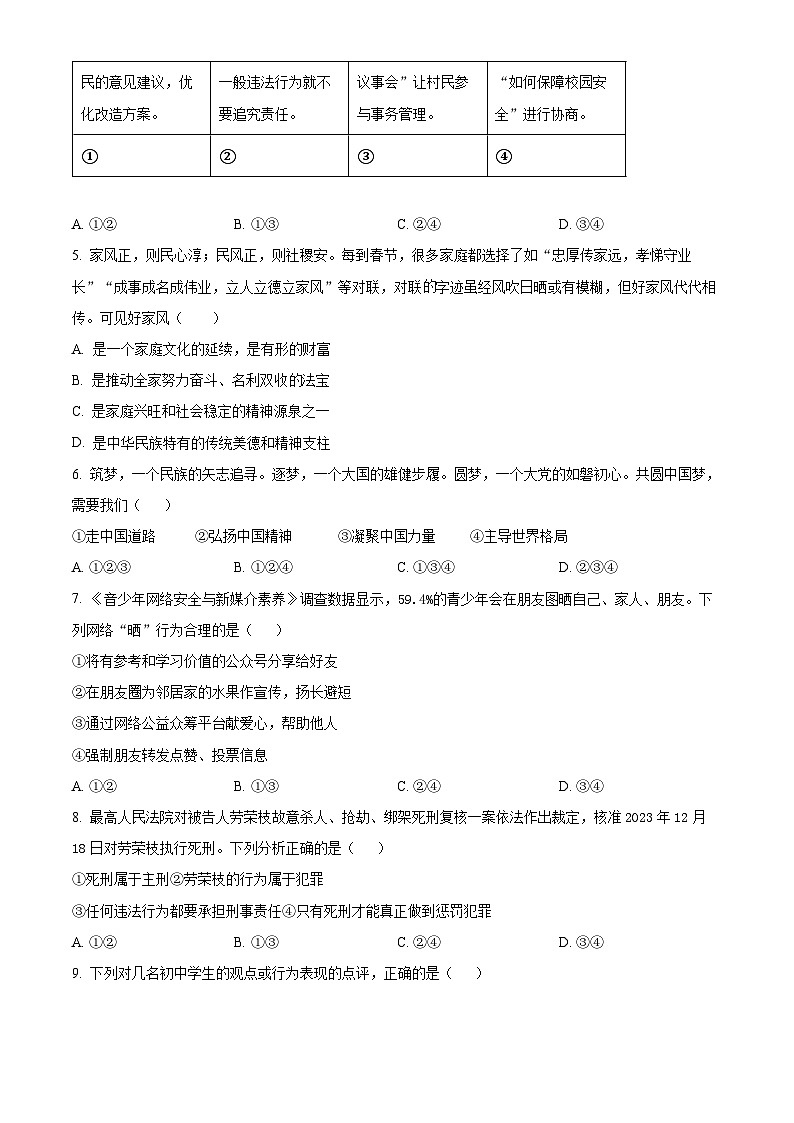 2024年陕西省宝鸡市陈仓区初中学业水平模拟考试道德与法治试题（原卷版+解析版）02