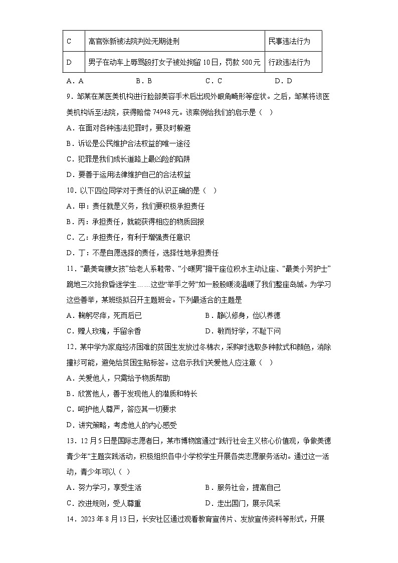 广西壮族自治区梧州市苍梧县2023-2024学年八年级上学期期末 道德与法治试题（含解析）03
