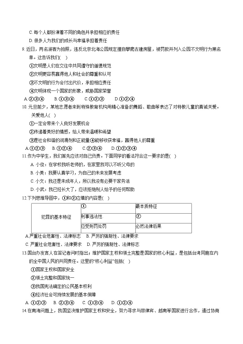 河南省驻马店市正阳县2023-2024学年八年级上学期1月期末 道德与法治试题03