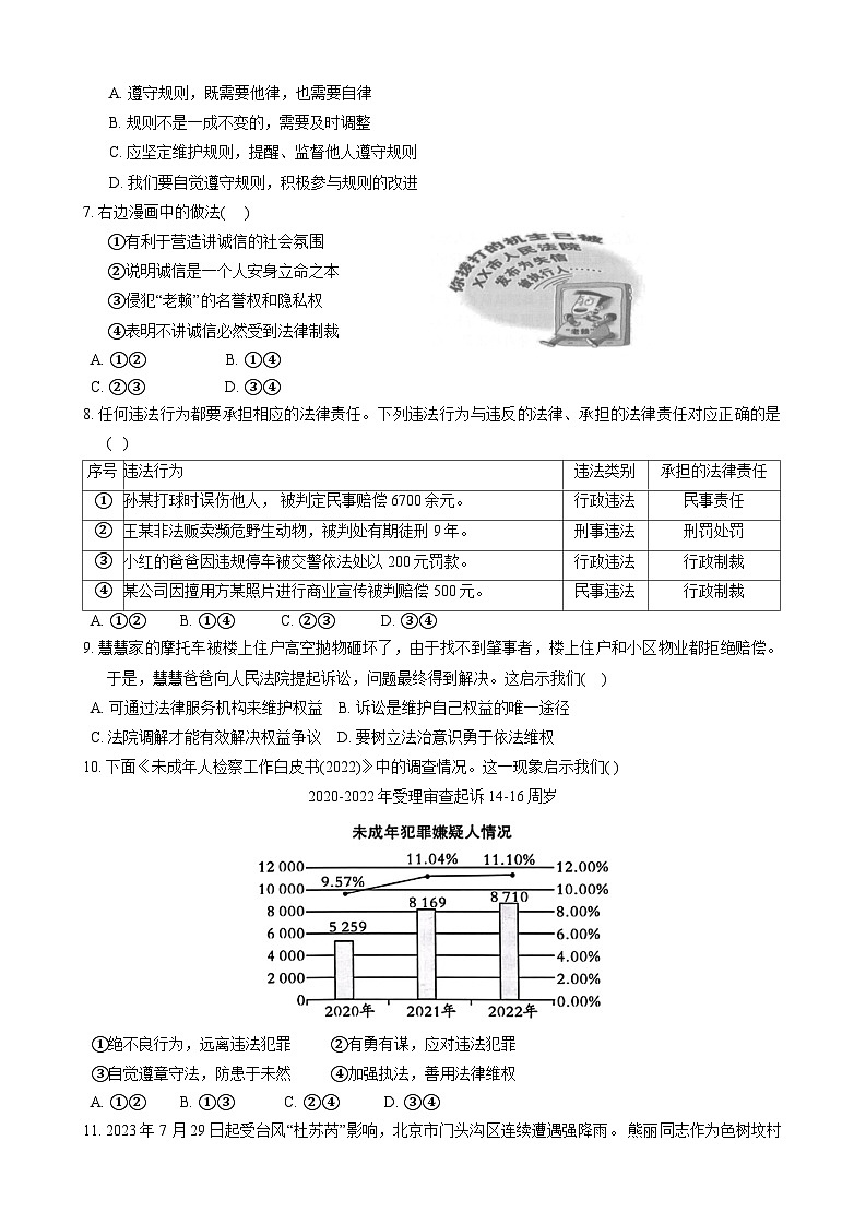 江西省宜春市2023-2024学年八年级上学期期末质量监测综合 道德与法治试卷02