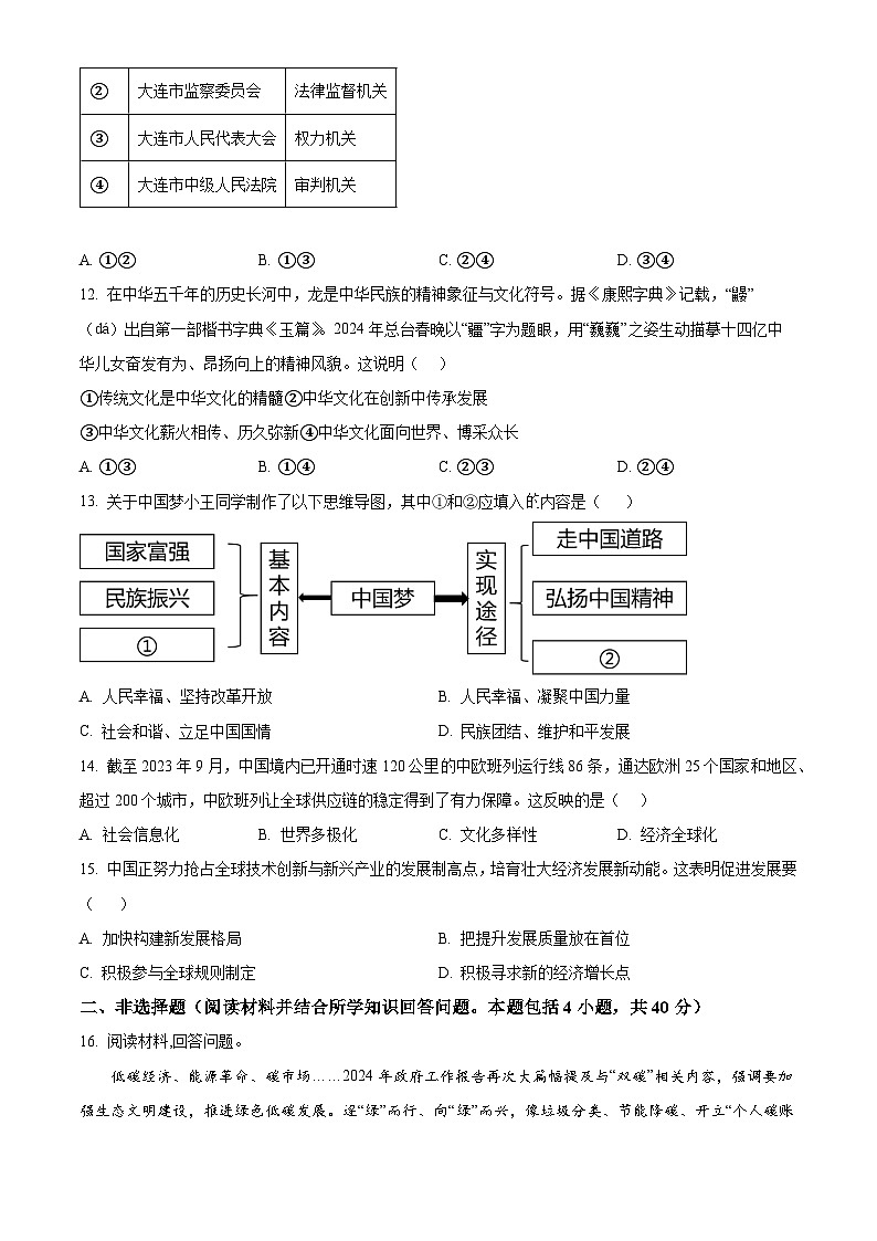 2024年辽宁省大连市沙河口区中考一模道德与法治试题（原卷版+解析版）03