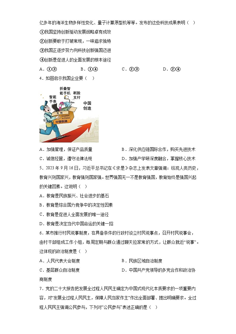 广东省惠州市惠东县2023-2024学年九年级上学期期末 道德与法治试题（含解析）02