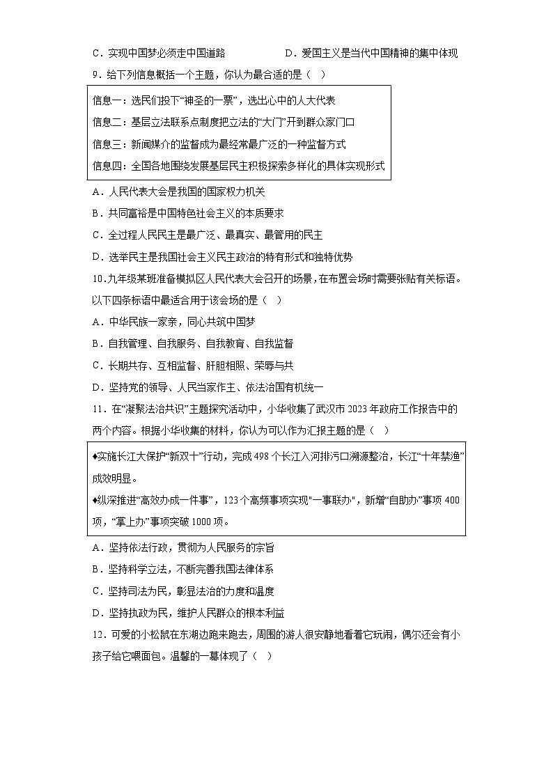 湖北省武汉市蔡甸区部分学校2023-2024学年九年级上学期期末 道德与法治试题（含解析）03