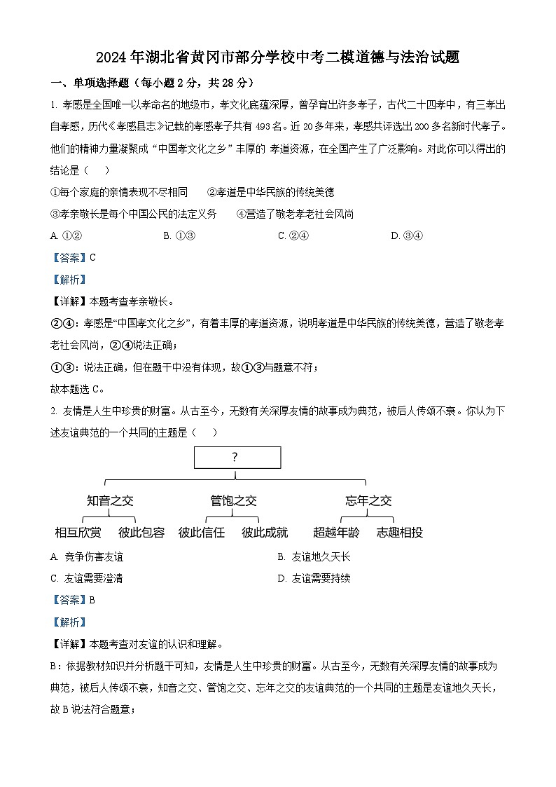 2024年湖北省黄冈市部分学校中考二模道德与法治试题（解析版）第1页