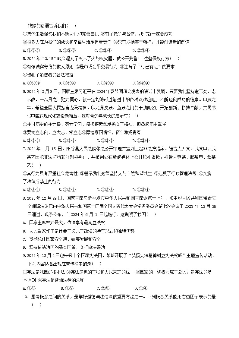 2024年山东省聊城市阳谷县中考道德与法治一模试卷（无答案）第2页