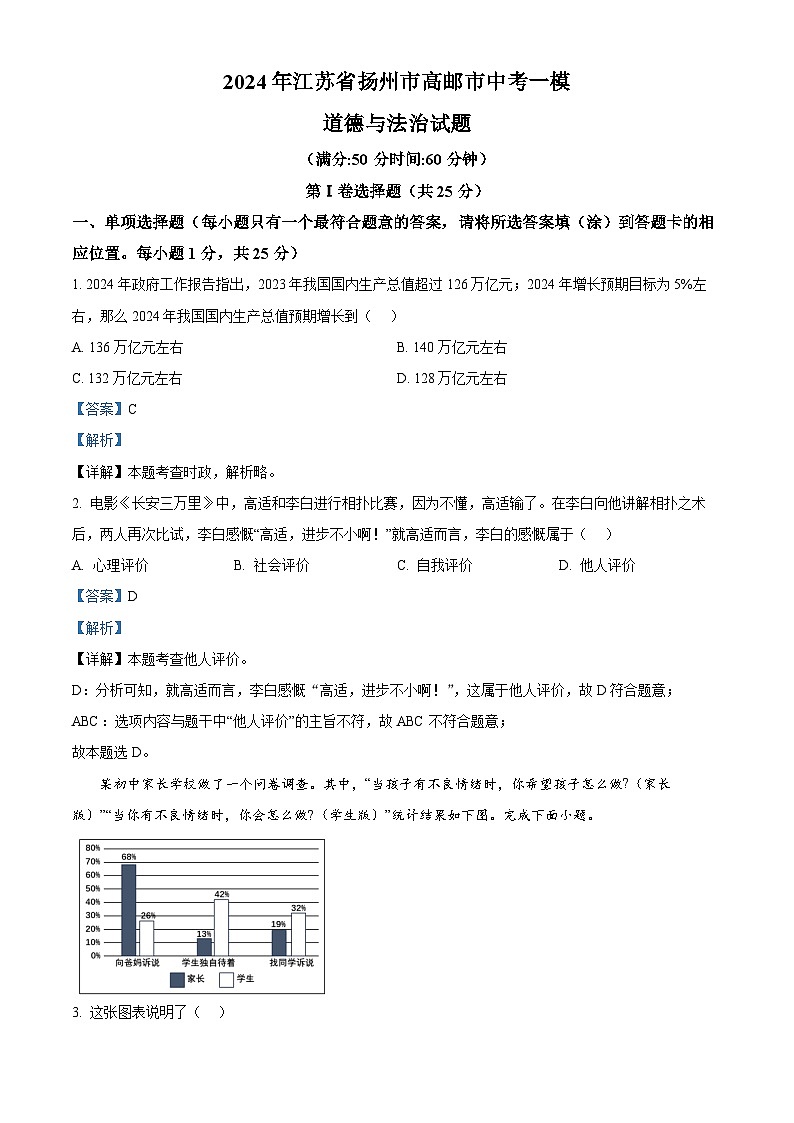 2024年江苏省扬州市高邮市中考一模道德与法治试题（原卷版+解析版）01