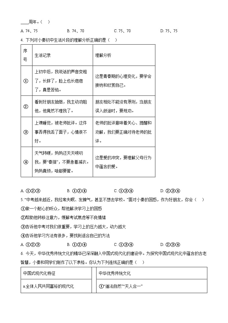 2024年陕西省西安市长安区中考一模道德与法治试题（原卷版+解析版）02
