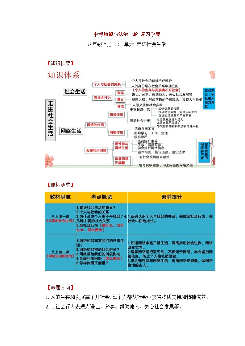 中考道德与法治一轮 复习学案 八上第一单元（含解析）第1页