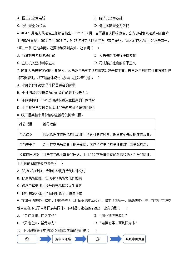 2024年吉林省长春市净月高新技术产业开发区中考一模道德与法治试题（原卷版）第2页