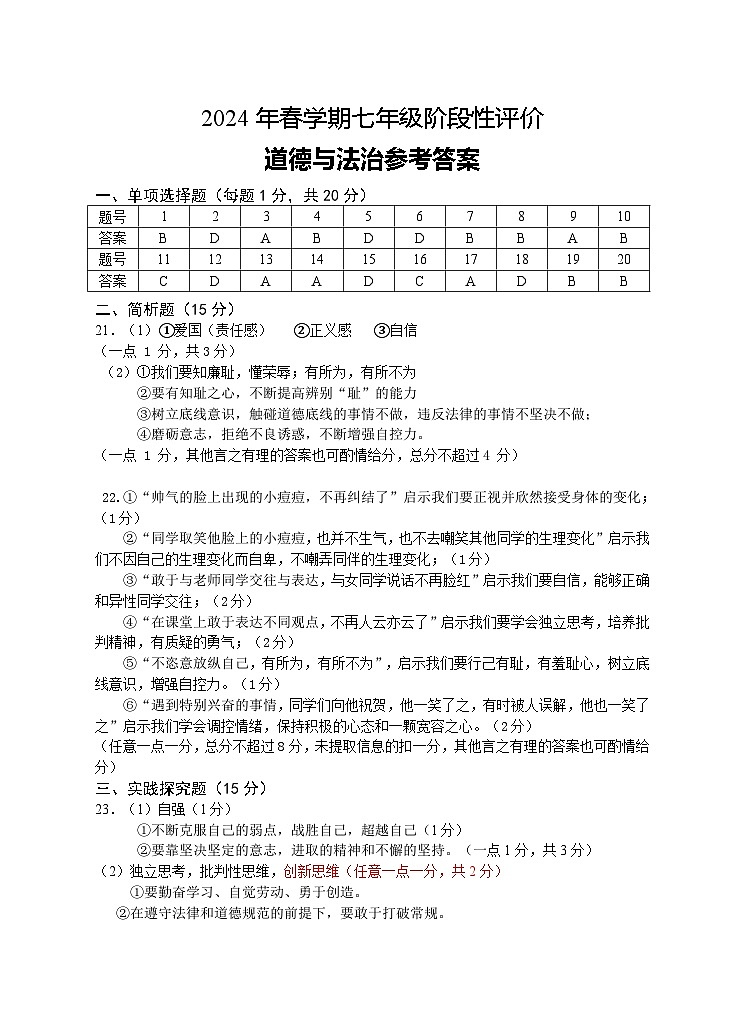 2024年春学期七年级学生阶段性评价道德与法治（答案）第1页
