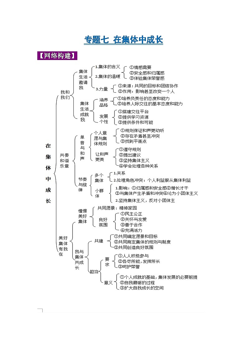 中考道德与法治一轮复习考点巩固练习 专题07 在集体中成长（含解析）01