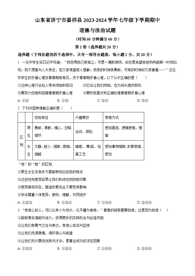山东省济宁市嘉祥县2023-2024学年七年级下学期期中道德与法治试题（原卷版）第1页