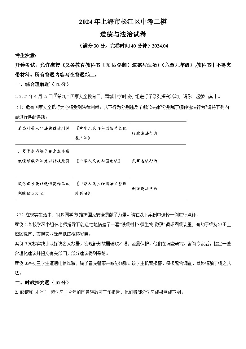 2024年上海市松江区中考二模道德与法治试卷含详解第1页