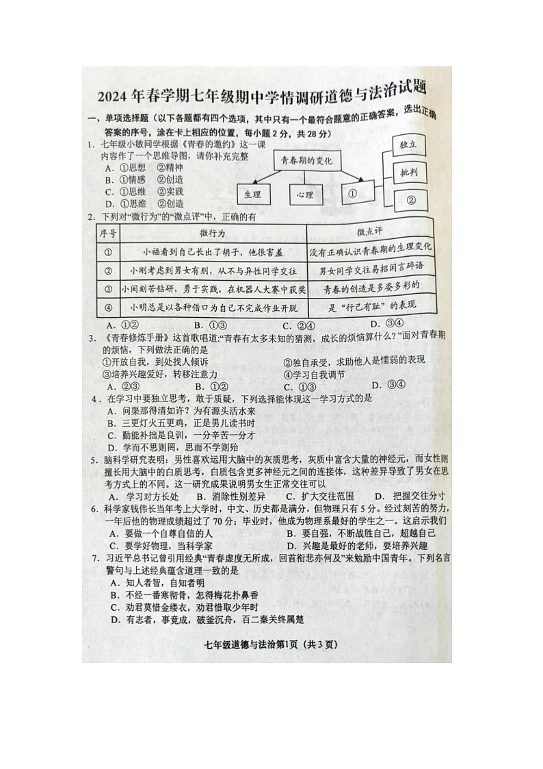 江苏省盐城市阜宁县2023-2024学年七年级下学期4月期中道德与法治试题（图片版无答案）第1页