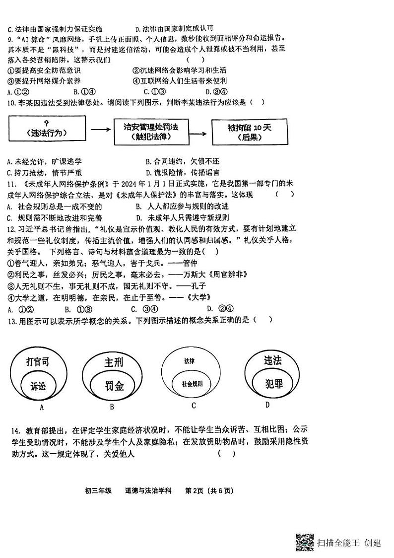 2024年江苏省扬州市梅岭中学教育集团第一次中考模拟道德与法治试题第2页