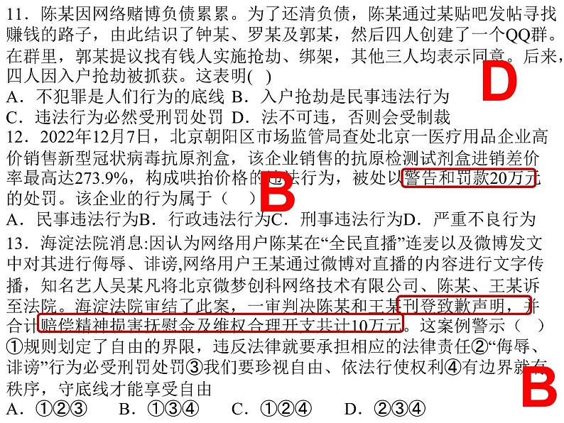 法律部分专项选择题复习课件 违法行为 -2024年中考道德与法治一轮06