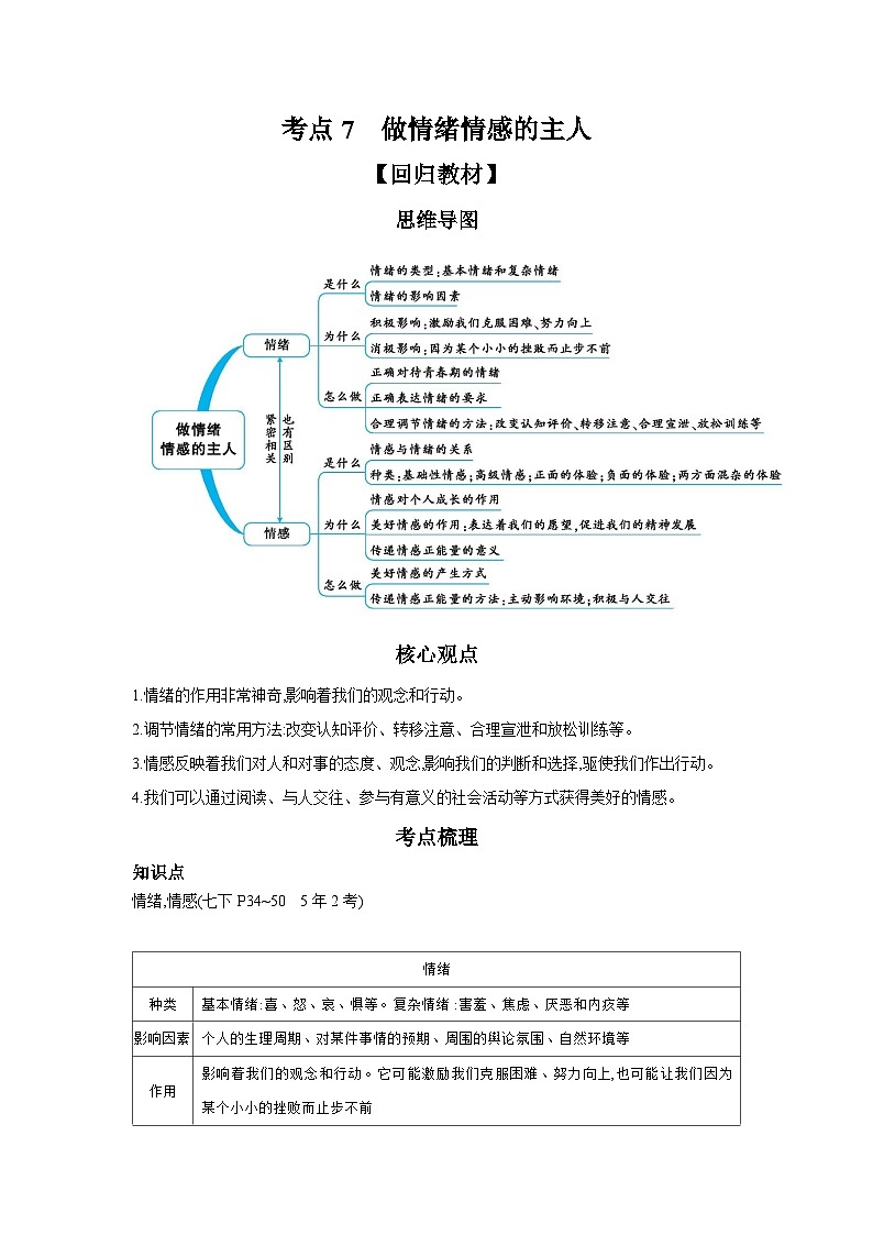 考点7 做情绪情感的主人课件+学案（含答案） 2024年中考道德与法治一轮复习考点探究01