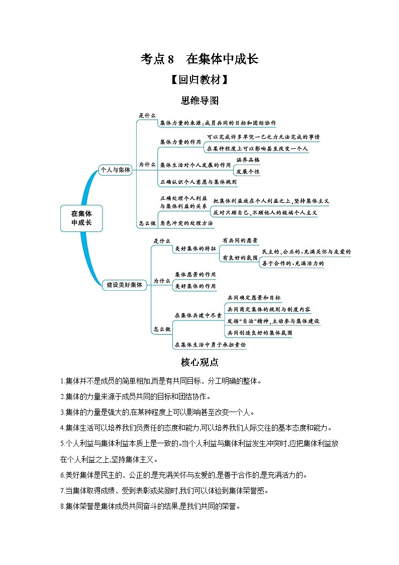 考点8 在集体中成长    学案 2024年中考道德与法治一轮复习讲义第1页