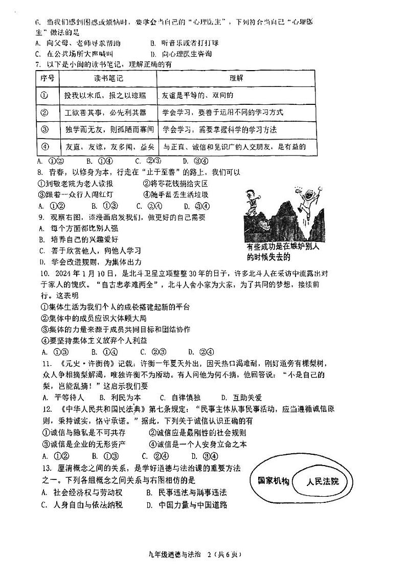 福建省福州市黎明中学2023-2024学年九年级下学期期中考试道德与法治试卷02