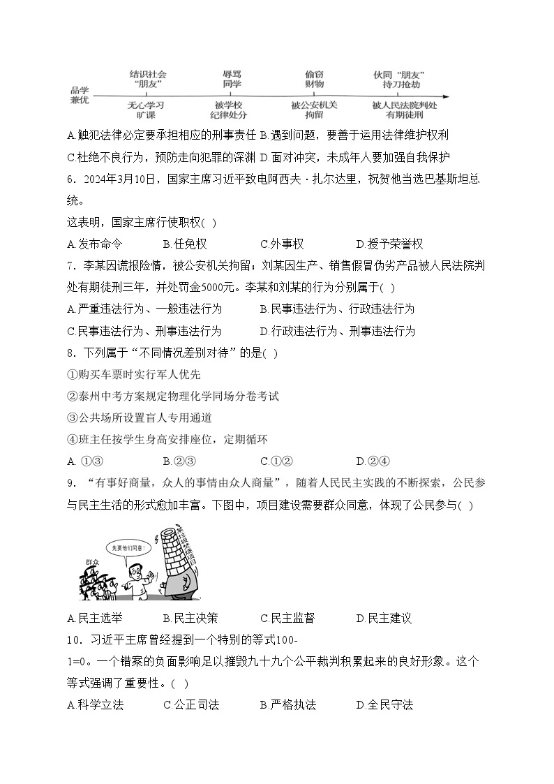 江苏省泰州市姜堰区四校联考2024届九年级下学期3月月考道德与法治试卷(含答案)02