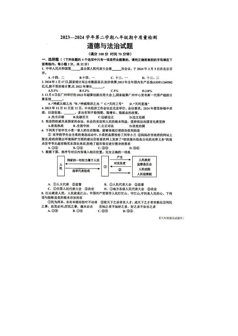 山东省乐陵市2023-2024学年八年级下学期期中考试道德与法治试题第1页