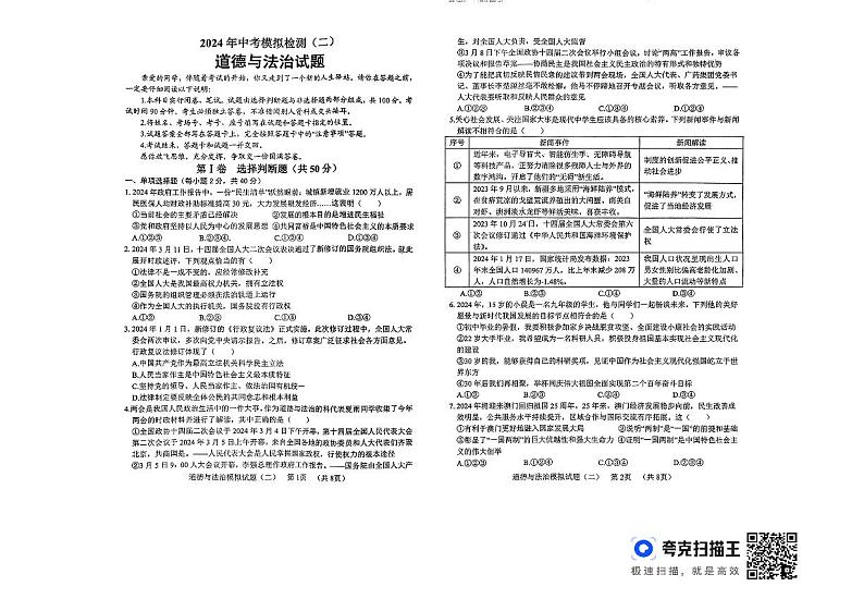 2024年山东省聊城市东昌府区慧德、博雅等多校联考中考模拟考试道德与法治试题第1页