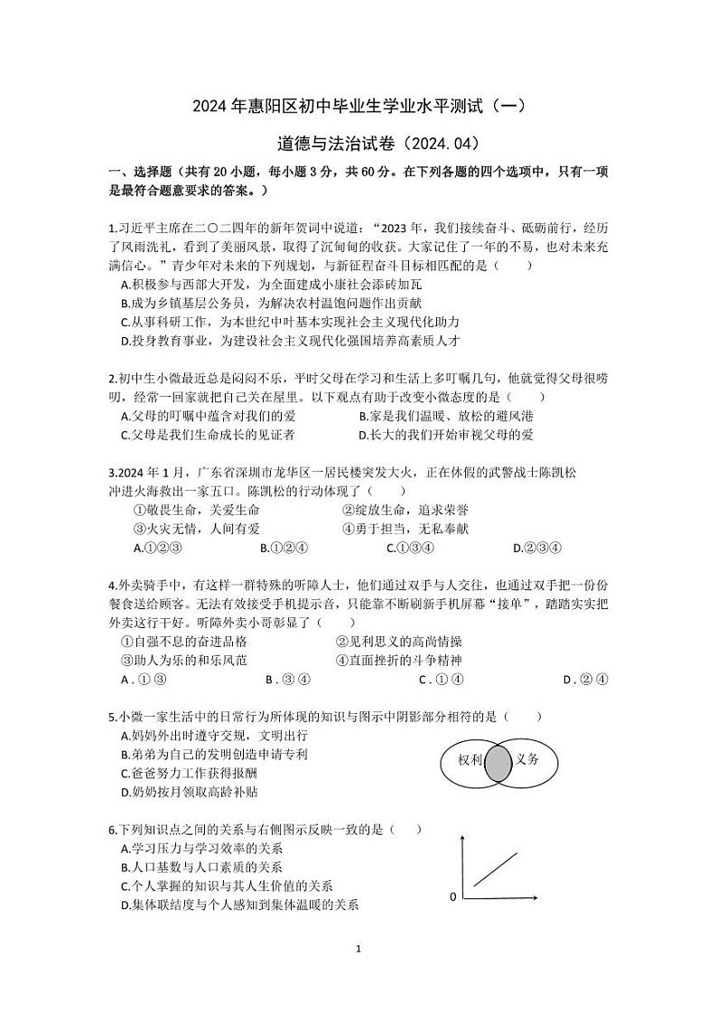 2024年广东省惠州市惠阳区中考一模道德与法治试题01