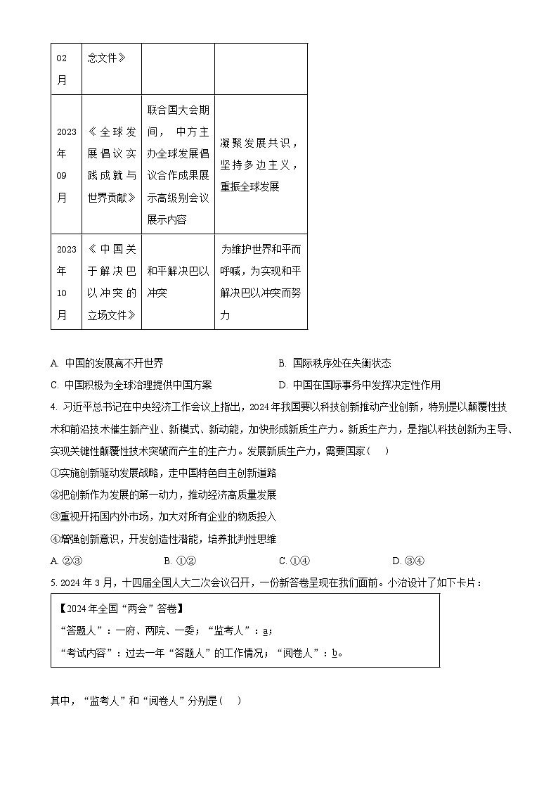 2024年河南省濮阳市中考一模道德与法治试题（原卷版+解析版）02