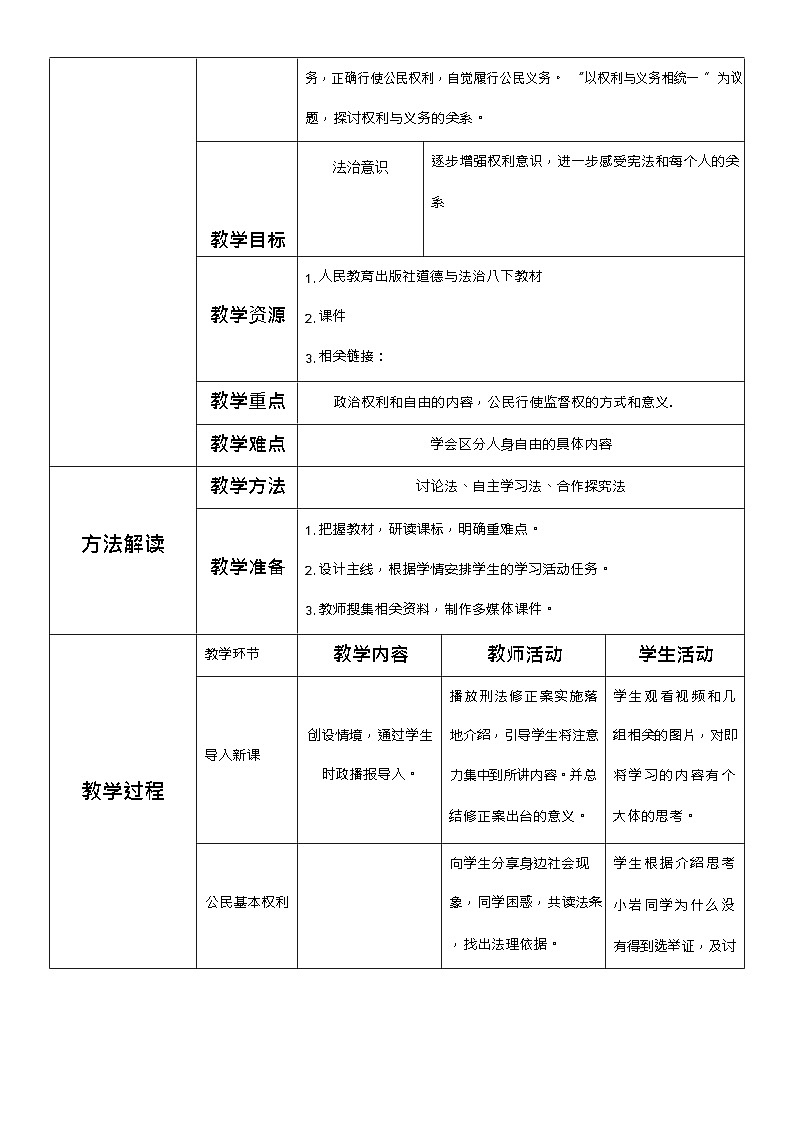 3.1 公民基本权利 教学设计（表格式）----2023-2024学年统编版道德与法治八年级下册02