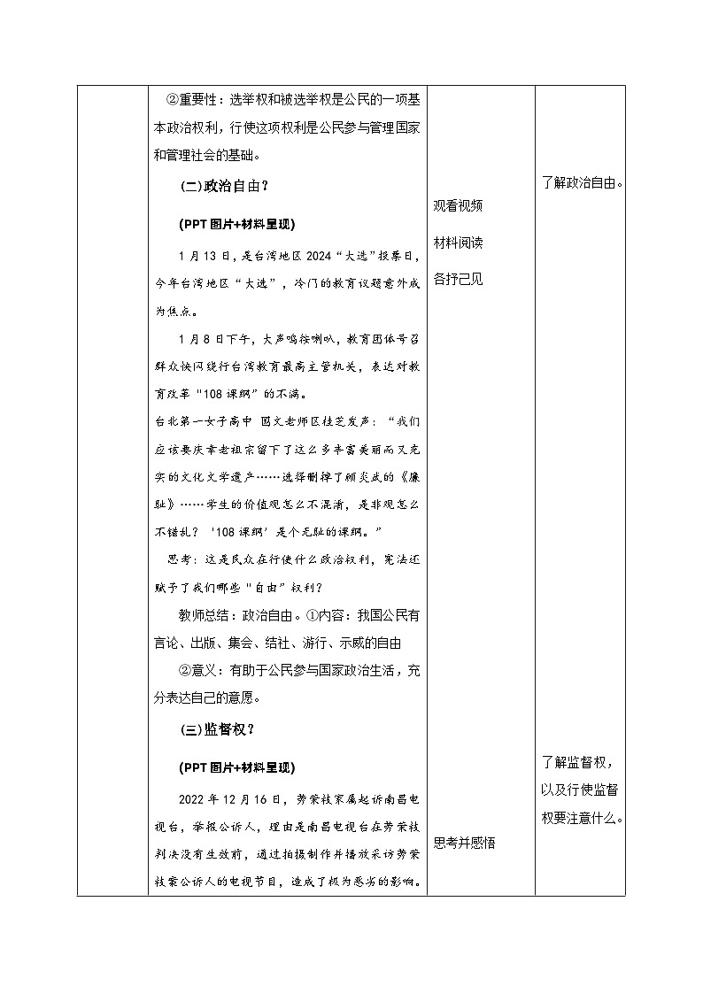 3.1公民基本权利  教学设计（表格式）---2023-2024学年统编版道德与法治八年级下册03