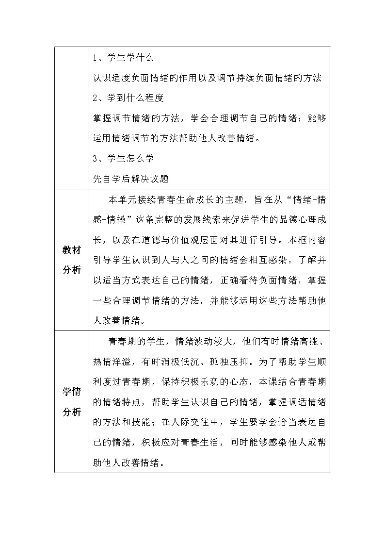 4.2情绪的管理 表格式教学设计---2023-2024学年部编版道德与法治七年级下第2页